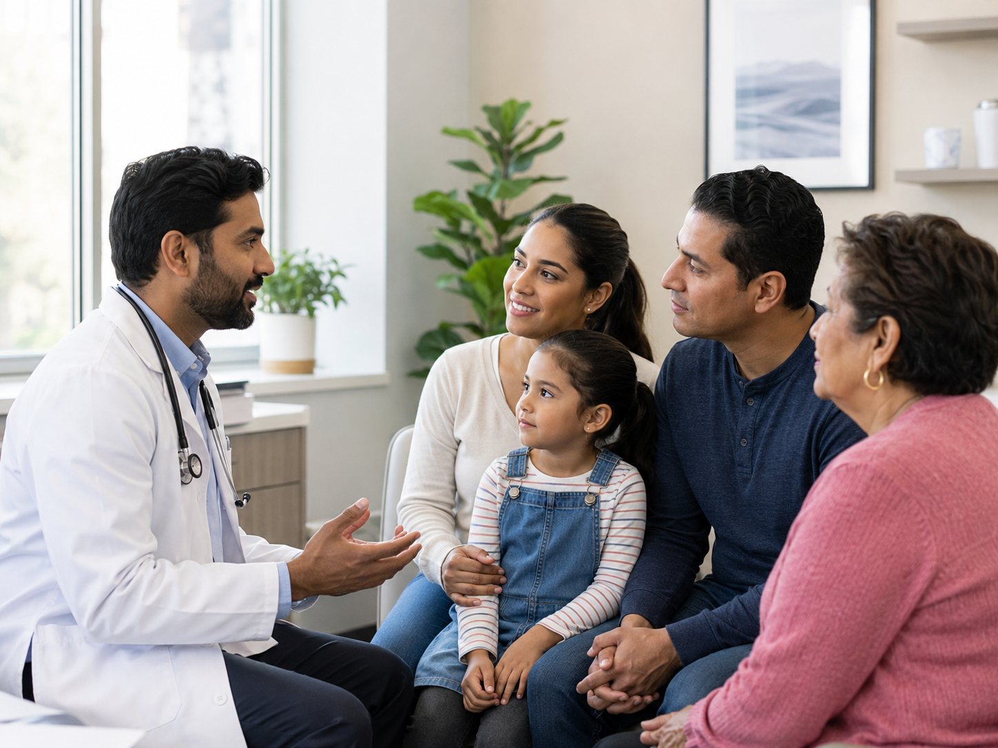 A Bayside doctor talking with a family of every age